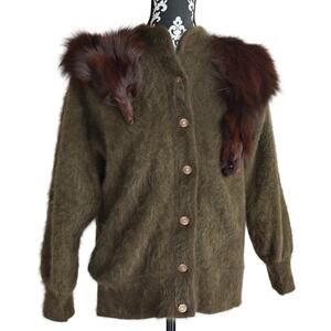 Women's Vintage Green Angora Rabbit Sweater W/ Imitation Fox - M
